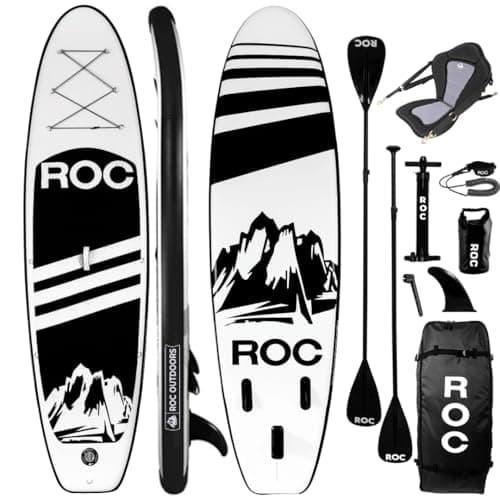 Roc Inflatable Stand Up Paddle Board with Premium SUP Paddle Board Accessories, Wide Stable Design, Non-Slip Comfort Deck for Youth & Adults (Black W/Kayak Seat)
