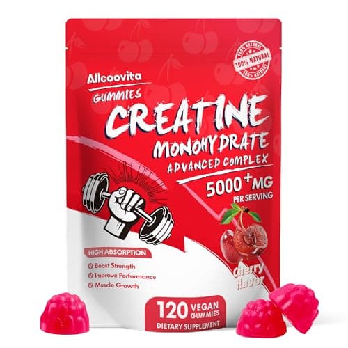 Allcoovita Creatine Monohydrate Gummies 5g for Men & Women. Boost Focus,Strength, and Endurance, Anti-Melting Formula, Vegan, Gluten-Free, Non-GMO,(Cherry 120 ct)