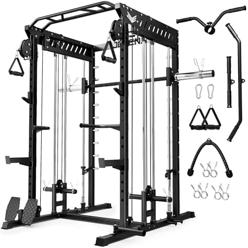 JELENS M21 Smith Machine, Multi-Function Power Cage with Dual Pulley Cable Crossover System, 2000LBS All-in-One Squat Rack with Smith Bar and Attachments for Home Gym(Black, M21 Smith Machine)