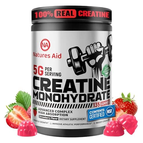 Natures Aid NSF Certified Creatine Gummy 5g - Creatine Monohydrate Gummies – Pre-Workout Energy & Muscle Growth Support for Men & Women | Strawberry Electrolyte Gummies (135 Count)