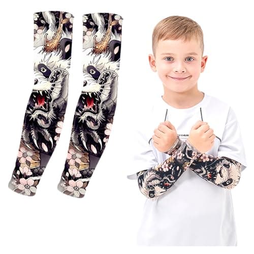 AHXN UV Sun Protection Arm Sleeves for Kids & Youth, UPF 50 Cooling,Basketball Shooting Tattoo Sleeves - Football, Baseball (Lion)