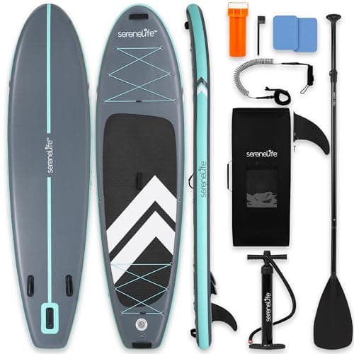 SereneLife 10’ Inflatable Stand Up Paddle Board with Premium SUP Accessories - 33” Wide Stable Design with Non-Slip EVA Deck Pad for Youth and Adults, 350 lbs. Capacity