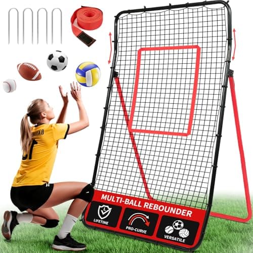 BAGAIL Volleyball Rebounder Net 7x4 Ft, Bounce Back Training Equipment with Unique Curved Frame for Better Catching, 5 Adjustable Angles for Volleying & Spiking, Easy Set Up & Sturdy Base - Red