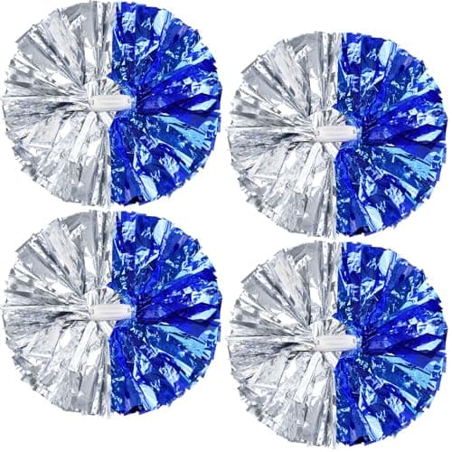 4Pcs Upgraded 12inch Metallic Cheerleading Pom Poms, HOLENGS Cheerleader Pompoms Cheer Poms for Kids Adults, Cheering Squad Pompoms for School Sports Games Dance Party (Blue + Silver)