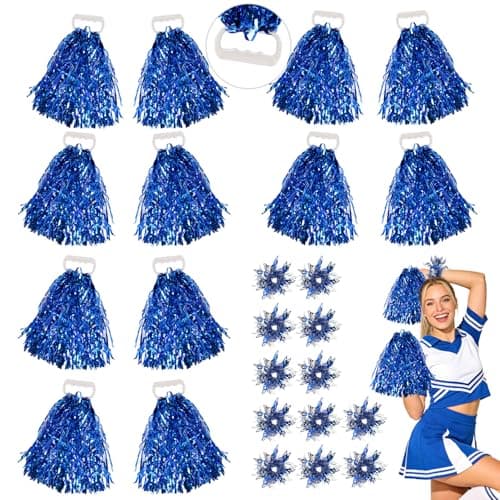 LuxDuo 12 Pcs Metallic Cheerleading Pom Poms,13Inch Cheerleader Pompoms with Baton Handle, Cheerleading Flower Ball with 12pcs Bracelet for School Team Sports Games Dance Cheering Cheer Pom Poms