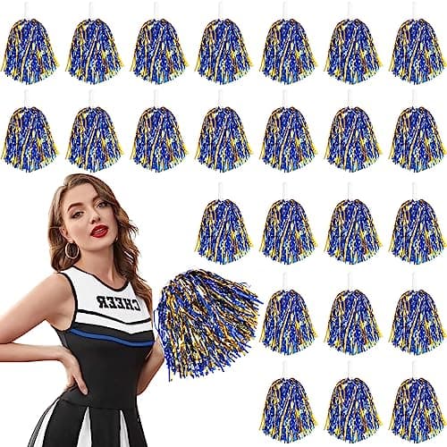 DILIBRA 24 Pcs Metallic Cheerleading Pom Poms, Cheerleaders Cheer Pom Poms with Baton Handle, Cheering Squad Hand Flower for Adults Kids Team Spirit Sports Game Dancing Party