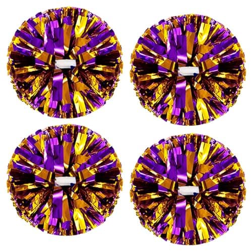4Pcs Metallic Cheerleading Pom Poms, Creatiee 2 Pair Cheerleader Cheering Squad Pompoms for School Sports Dance Games Team Spirit Cheer (Purple-Gold)