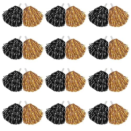 DILIBRA 24 Pcs Metallic Cheerleading Pom Poms, Cheerleaders Cheer Pom Poms with Baton Handle, Cheering Squad Hand Flower for Adults Team Spirit Sports Game Dancing Party (Gold+Black)