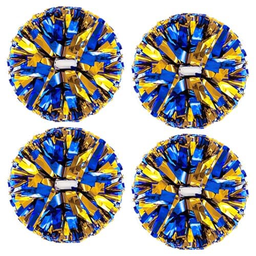 4Pcs Metallic Cheerleading Pom Poms, Creatiee 2 Pair Cheerleader Cheering Squad Pompoms for School Sports Dance Games Team Spirit Cheer (Blue-Gold)