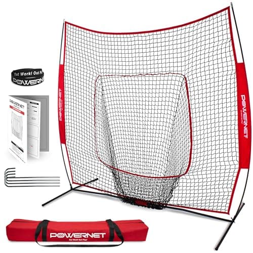 PowerNet Baseball & Softball Practice Net 7x7 FT, Outdoor Baseball Training Equipment for Pitching & Batting Practice (Red Net)