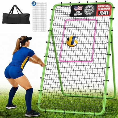 Oswerpon Volleyball Rebounder Net 7x4 FT, 5-Angle Adjustable Bounce Back Net, Steel Frame & PE Training Net for Volleying/Spiking, Rust-Resistant & Durable – w/Travel Bag, 2 NETS (Green & Pink)